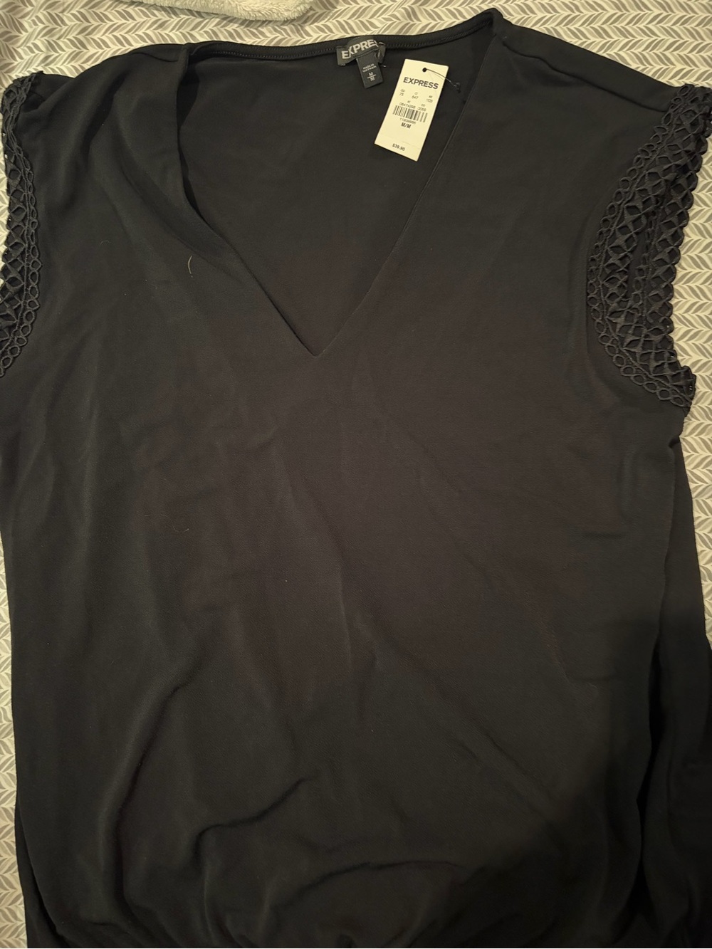 Express Black V-Neck Cap Sleeve Crochet Detail Top